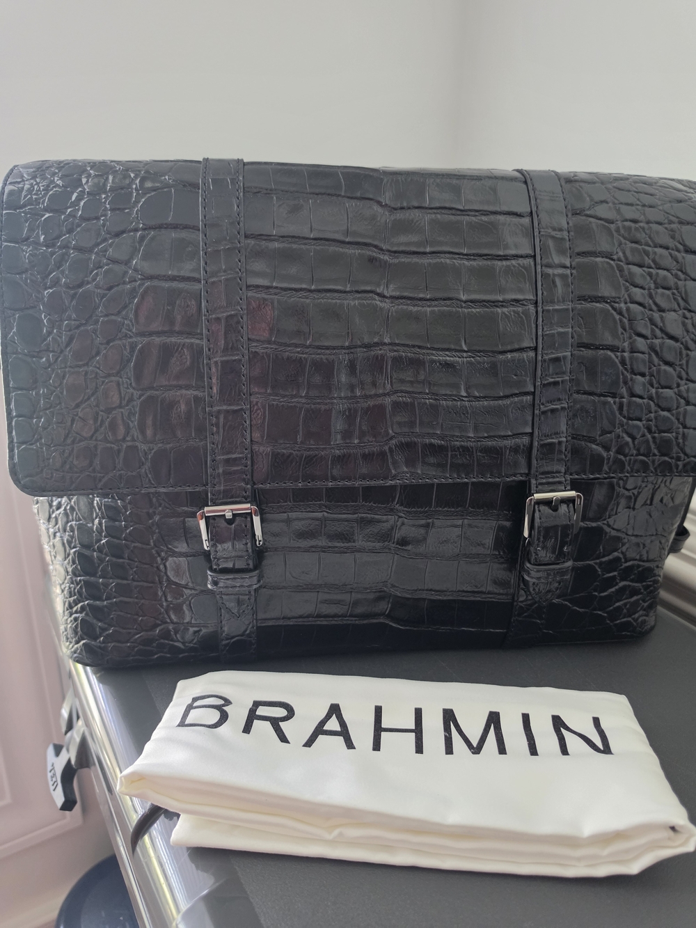 Brahmin Black Croc-Embossed Leather Messenger Bag